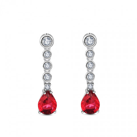 Pendientes largos de plata con circonitas y piedra color rojo para mujer