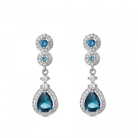 Pendientes largos de plata con circonitas y piedra color azul para mujer