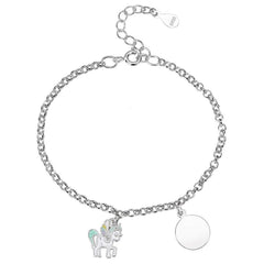 Pulsera de plata unicornio esmaltado y disco para niña